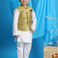 Boy's Yellow Woven Design Nehru Jacket With White Kurta And Pyjama Set