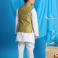 Boy's Yellow Woven Design Nehru Jacket With White Kurta And Pyjama Set