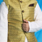 Boy's Yellow Woven Design Nehru Jacket With White Kurta And Pyjama Set