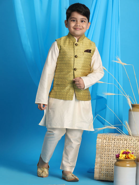 Boy's Yellow Woven Jacket With Cream Kurta And Pyjama Set