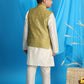 Boy's Yellow Woven Jacket With Cream Kurta And Pyjama Set