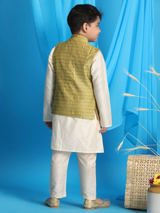 Boy's Yellow Woven Jacket With Cream Kurta And Pyjama Set
