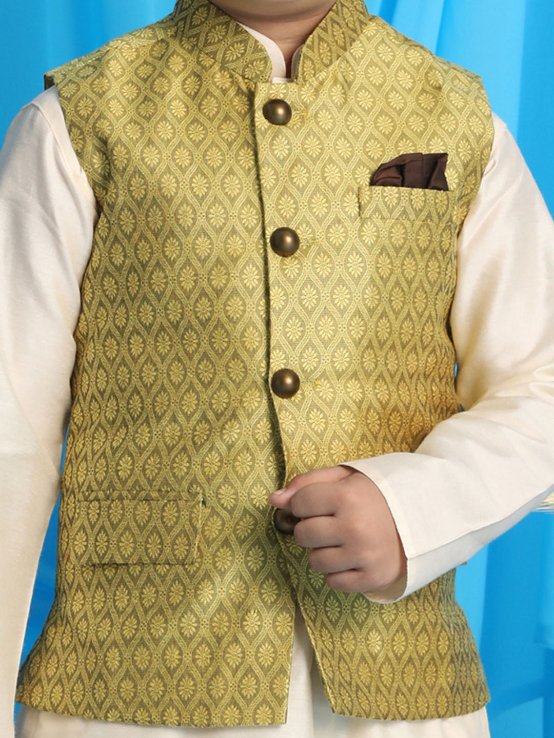 Boy's Yellow Woven Jacket With Cream Kurta And Pyjama Set