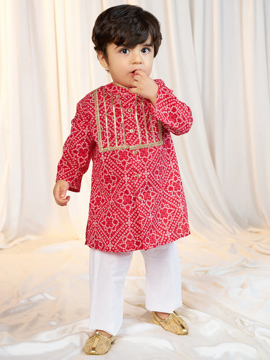 Boys' red cotton bandhani kurta pyjama set with digital print