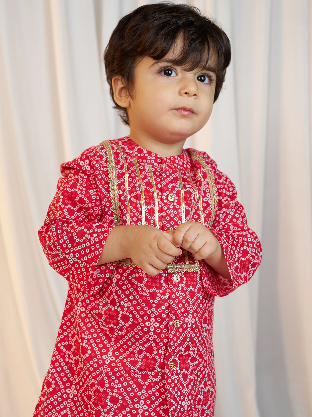 Boys Red Cotton Bandhani Kurta Pyjama Set with Digital Print