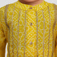 Boys Yellow Cotton Bandhani Kurta with White Pyjama Set Digital Print