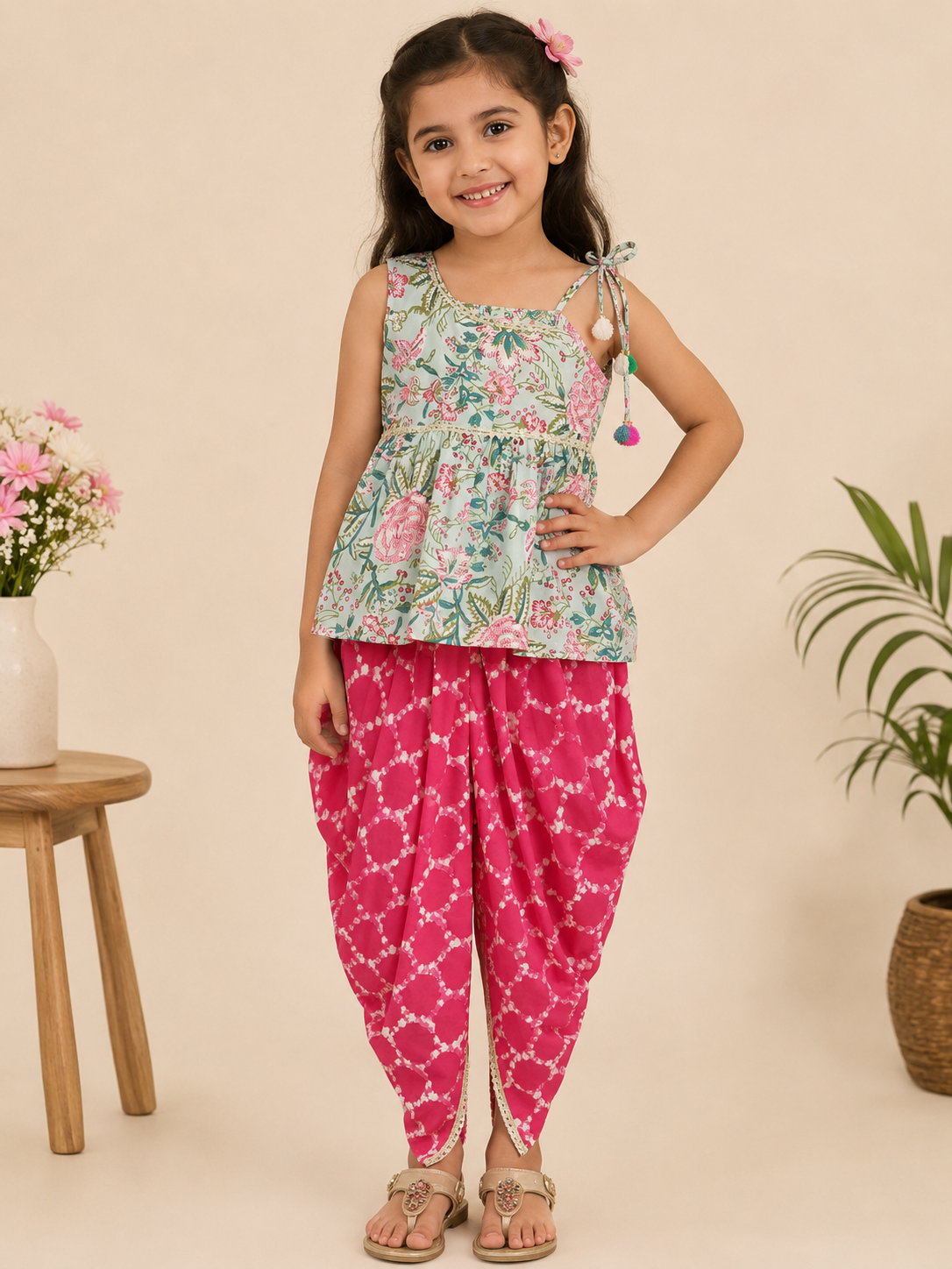 Girls Green & Pink Floral Printed Pure Cotton A-Line Kurti with Dhoti Pants