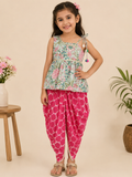 Girls Green & Pink Floral Printed Pure Cotton A-Line Kurti with Dhoti Pants
