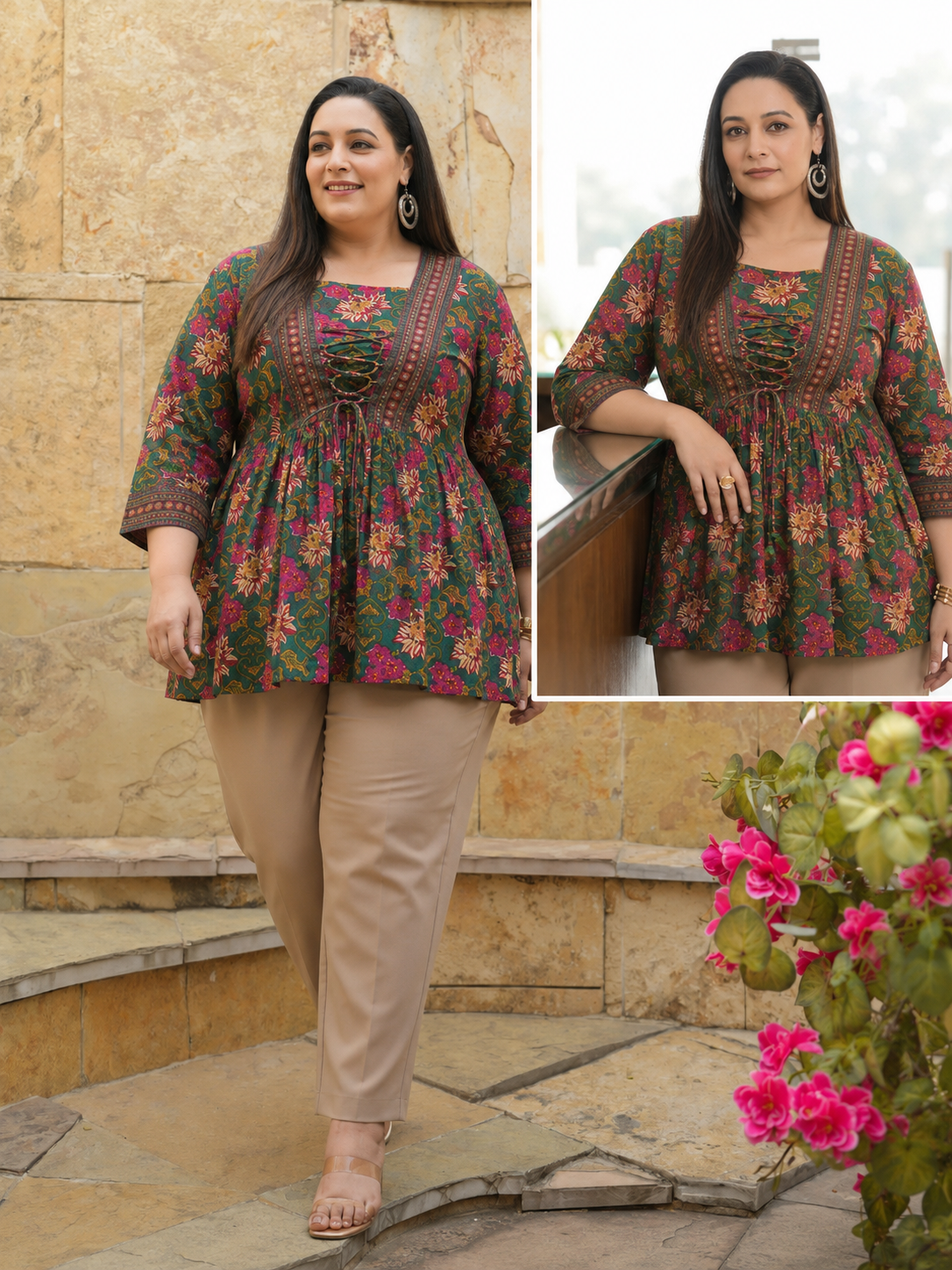 Floral Printed V-Neck, A-Line Tie-Ups Peplum Print Cotton Top