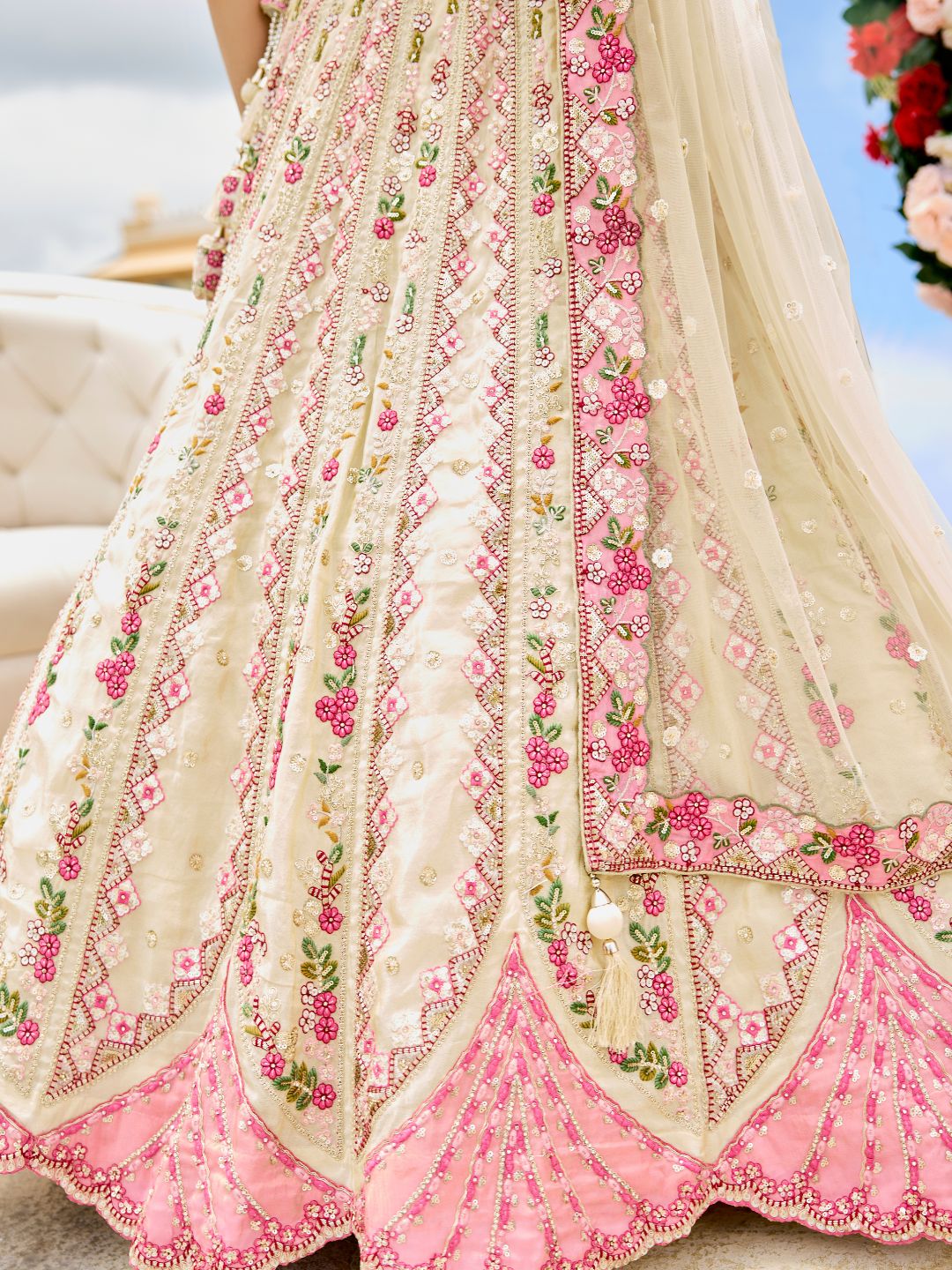 Cream- Tissue Fabric Sequins embroidery Semi-Stitched Lehenga Unstitched Blouse With Dupatta