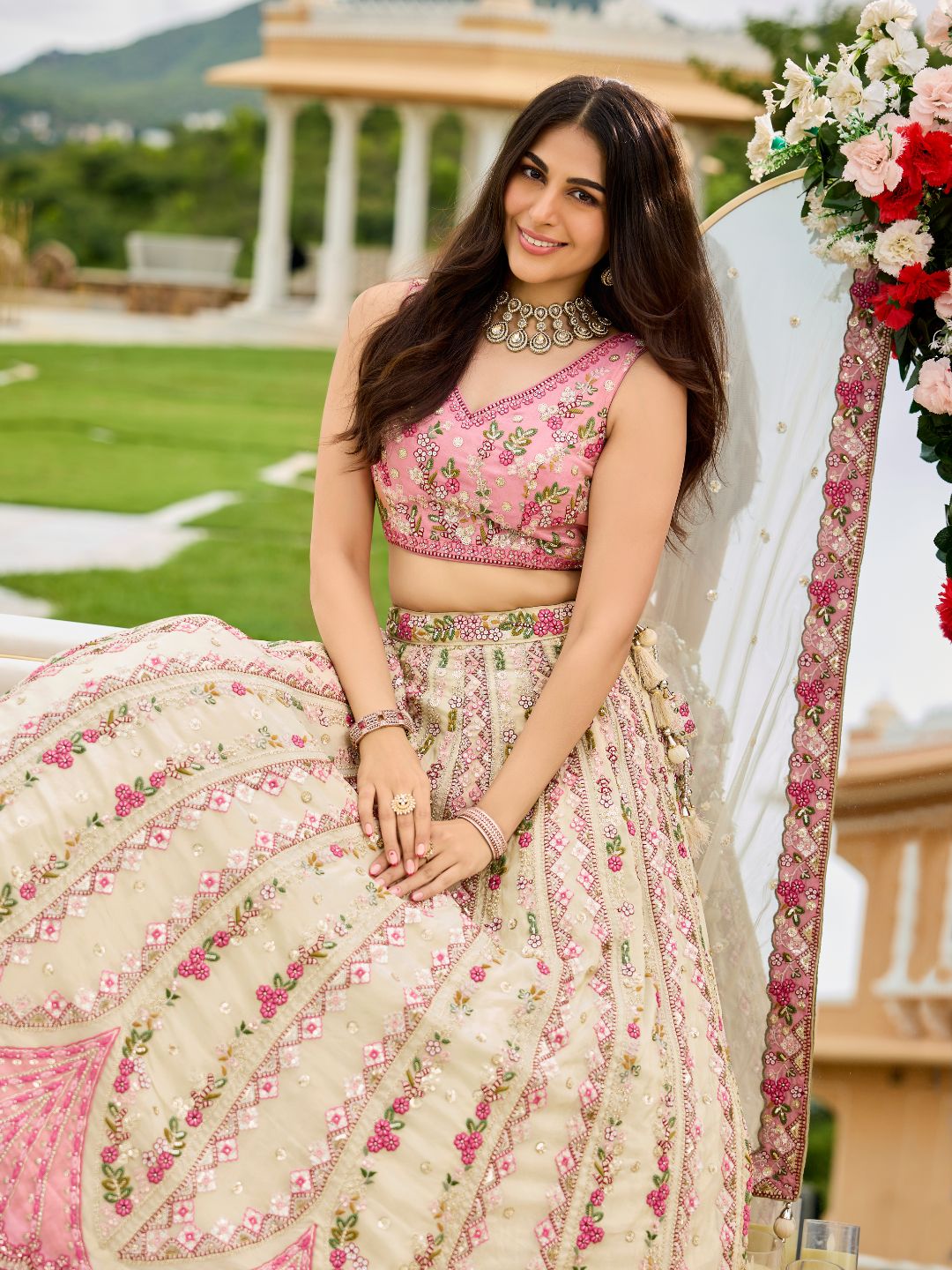 Cream- Tissue Fabric Sequins embroidery Semi-Stitched Lehenga Unstitched Blouse With Dupatta