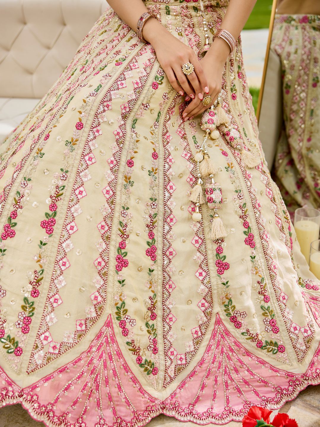 Cream- Tissue Fabric Sequins embroidery Semi-Stitched Lehenga Unstitched Blouse With Dupatta