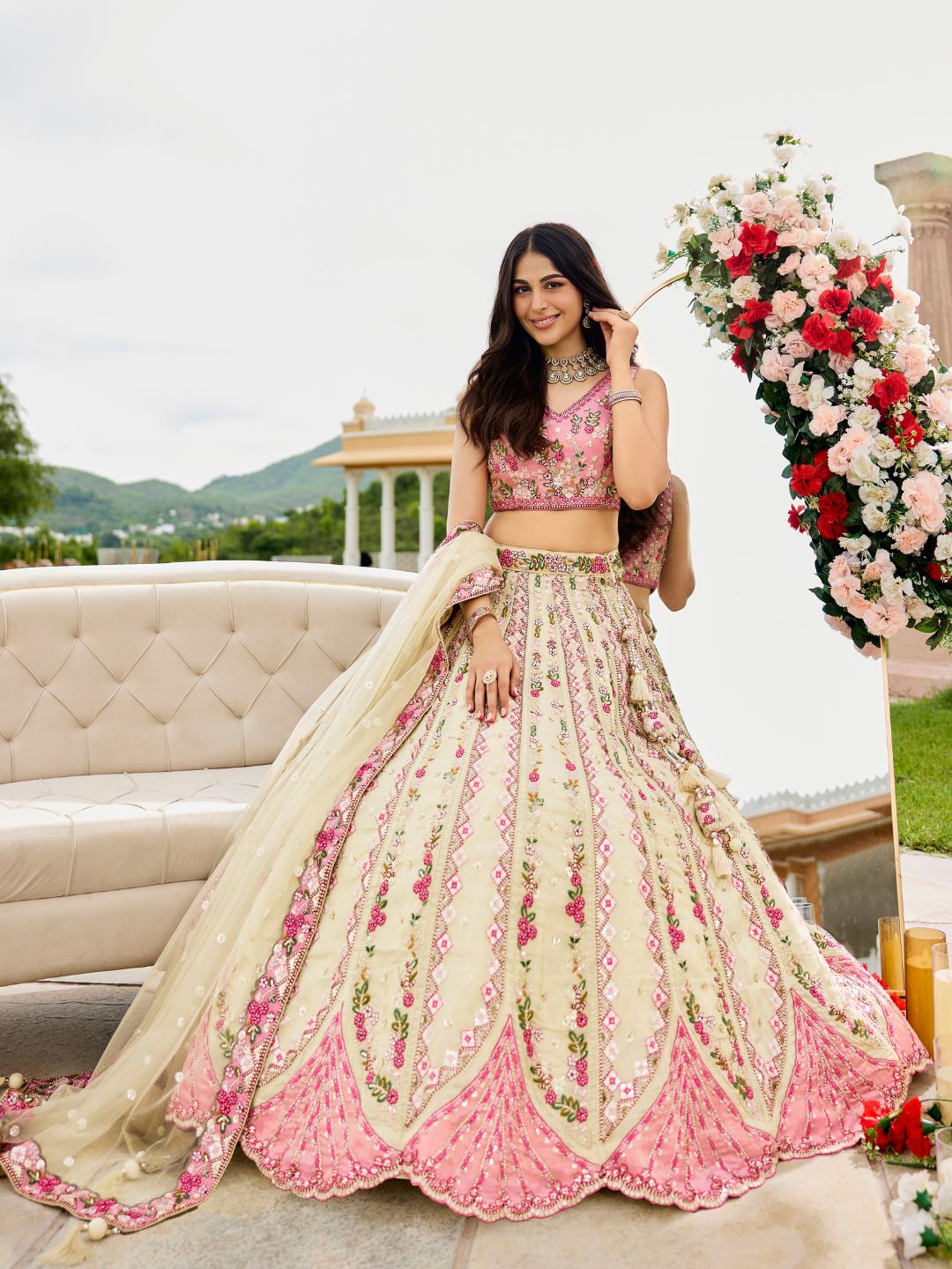 Cream- Tissue Fabric Sequins embroidery Semi-Stitched Lehenga Unstitched Blouse With Dupatta
