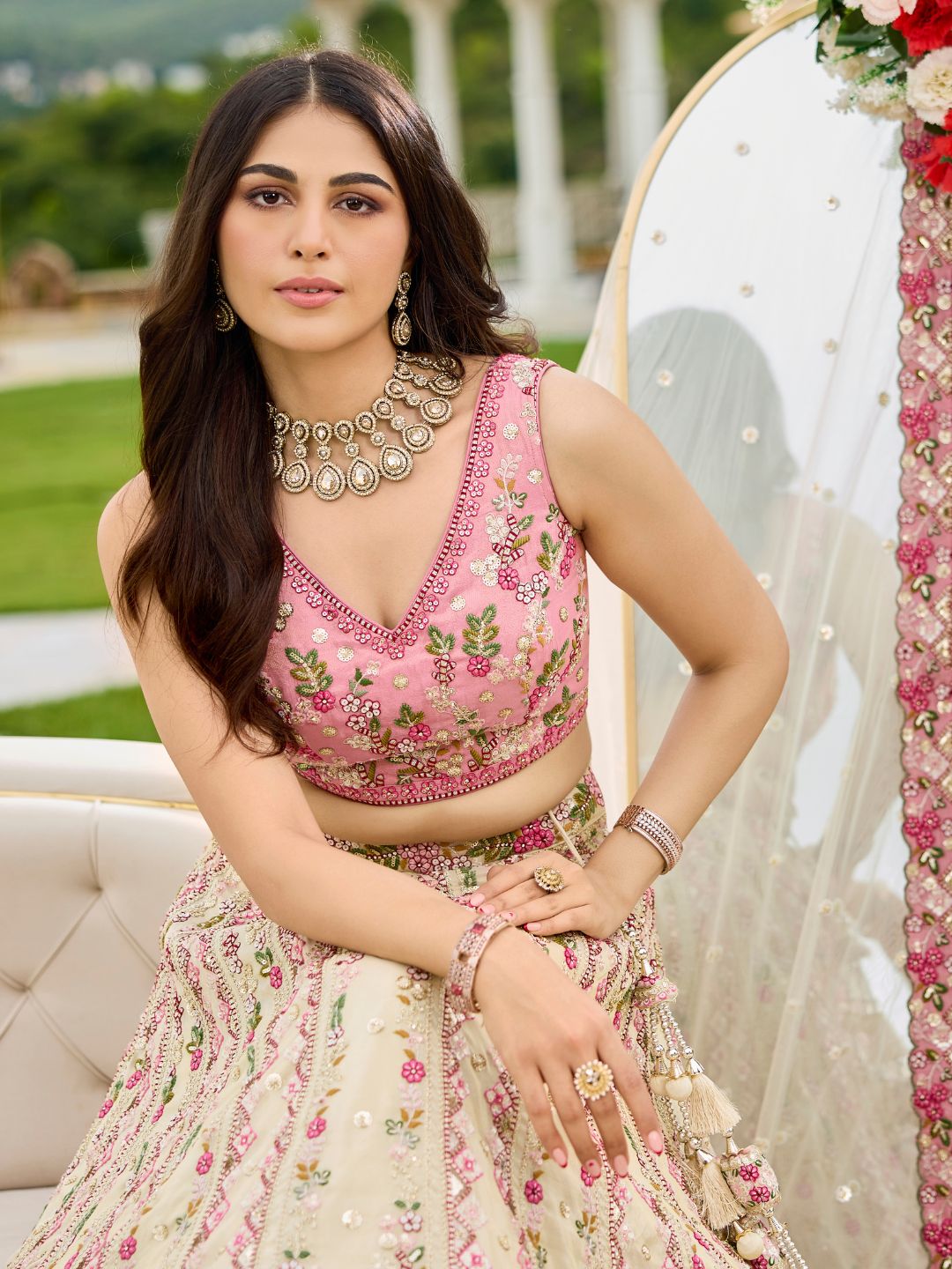 Cream- Tissue Fabric Sequins embroidery Semi-Stitched Lehenga Unstitched Blouse With Dupatta