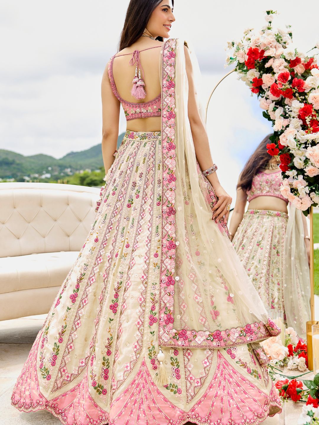 Cream- Tissue Fabric Sequins embroidery Semi-Stitched Lehenga Unstitched Blouse With Dupatta
