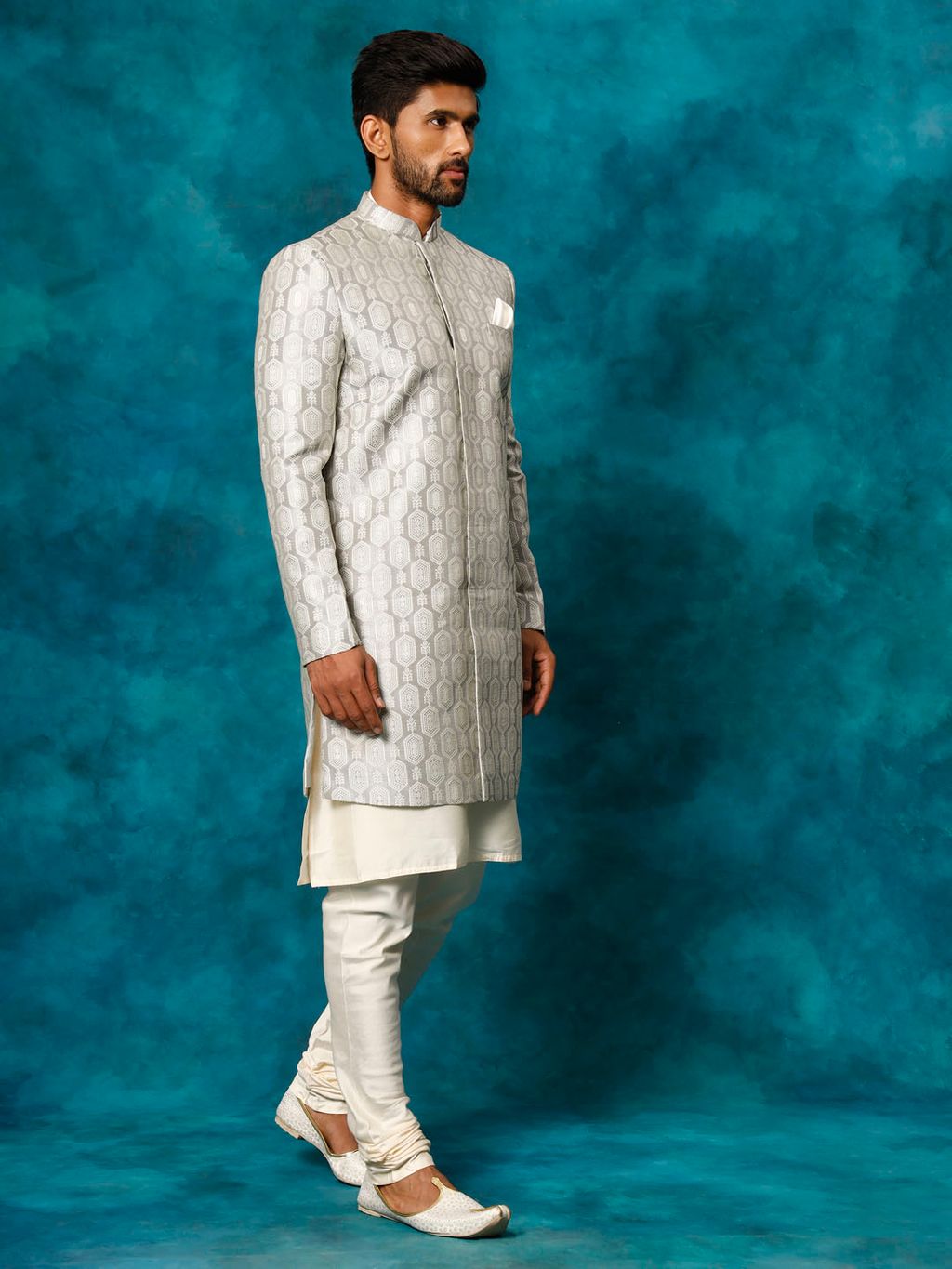 Grey Silk Blend Wedding Wear  Men's Indo Western Set