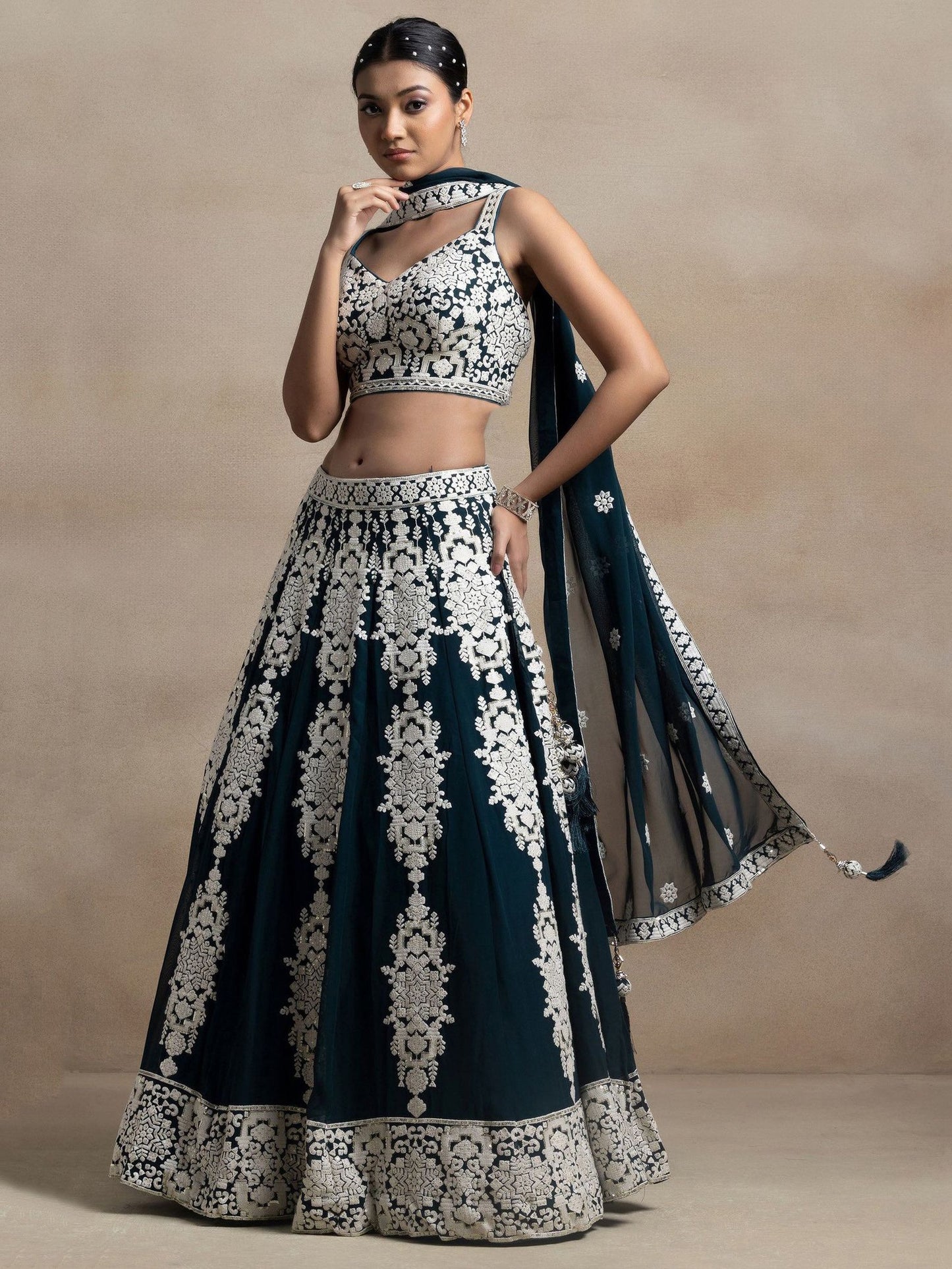 Glamorous Dark Green Thread Embroidered Georgette Lehenga Choli