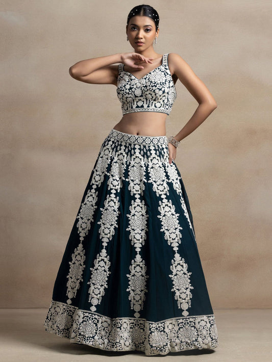 Glamorous Dark Green Thread Embroidered Georgette Lehenga Choli