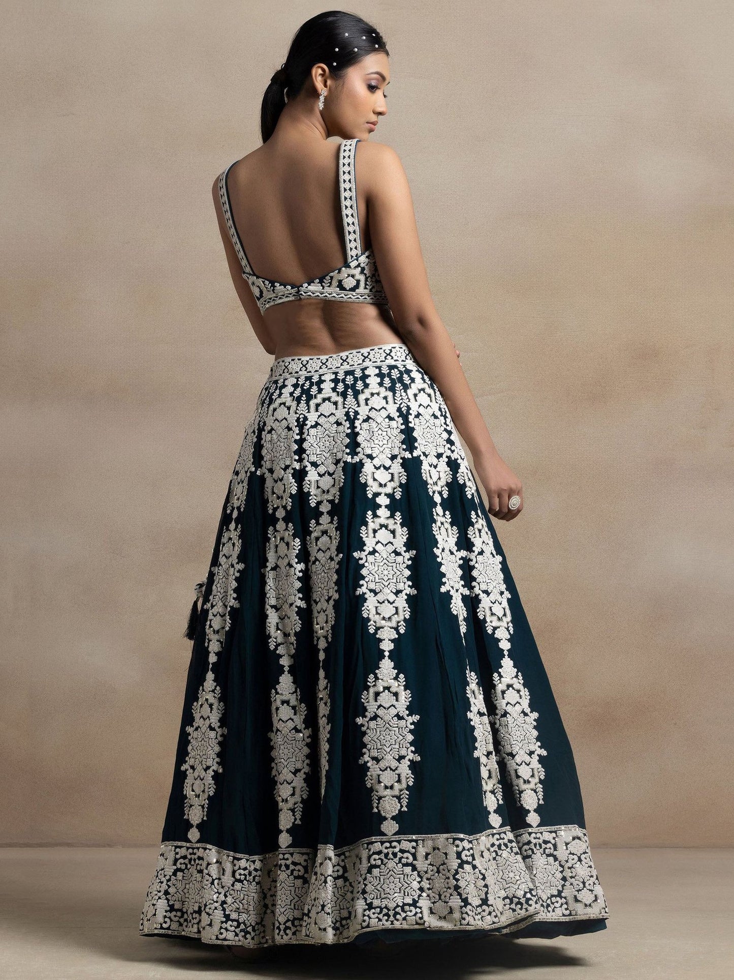 Glamorous Dark Green Thread Embroidered Georgette Lehenga Choli