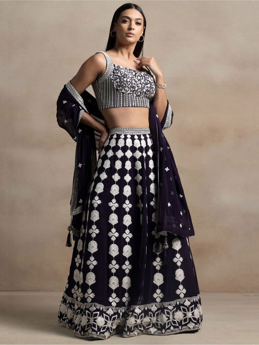 Pretty Dark Purple Thread Work Georgette Reception Wear Lehenga Choli