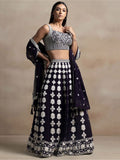 Pretty Dark Purple Thread Work Georgette Reception Wear Lehenga Choli