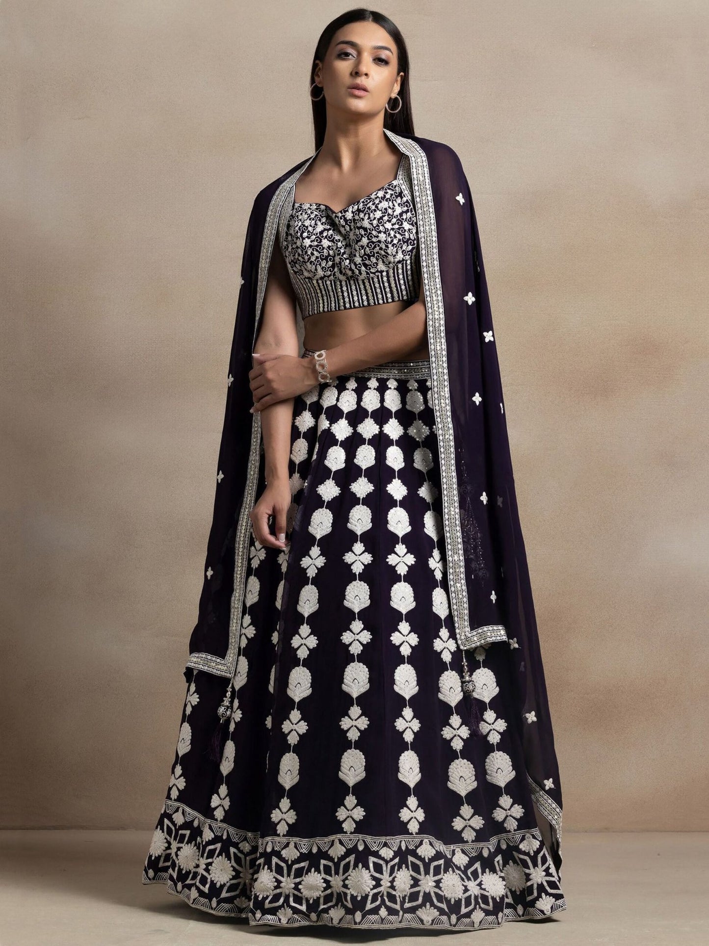 Pretty Dark Purple Thread Work Georgette Reception Wear Lehenga Choli