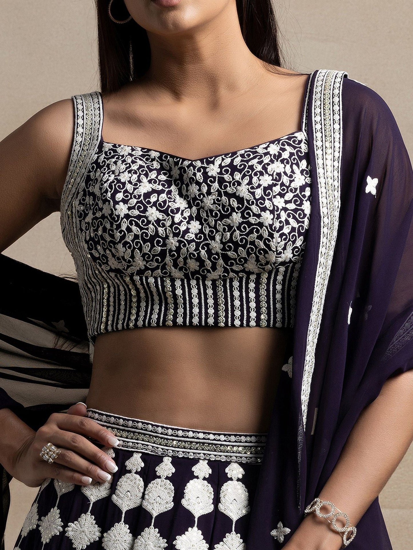 Pretty Dark Purple Thread Work Georgette Reception Wear Lehenga Choli