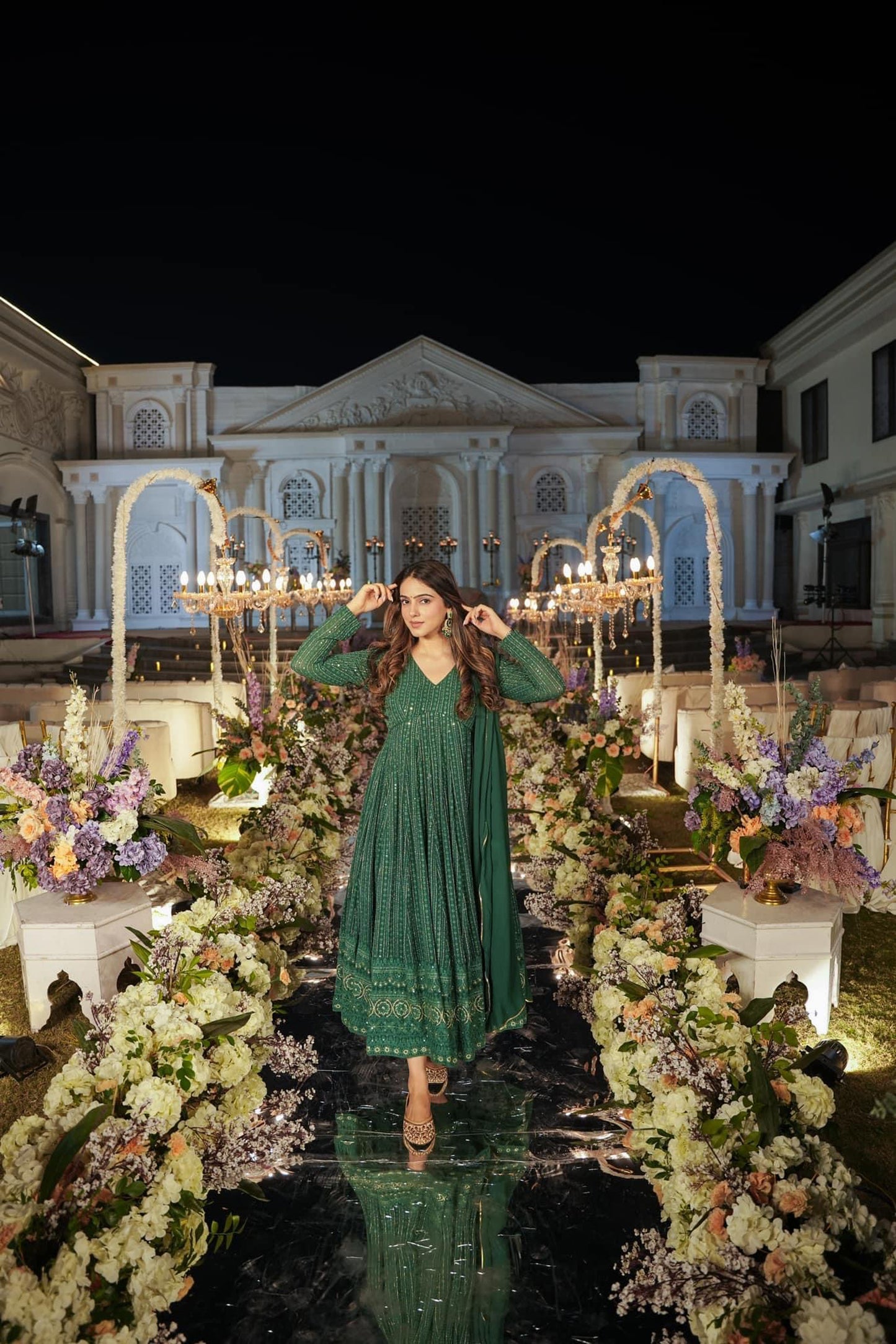 Embroidery Zari Sequins-work Faux Georgette Green Gown with Dupatta