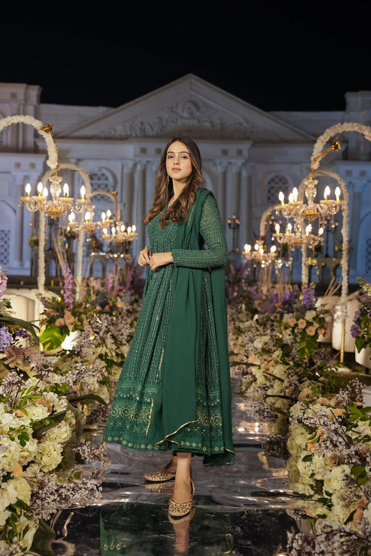 Embroidery Zari Sequins-work Faux Georgette Green Gown with Dupatta
