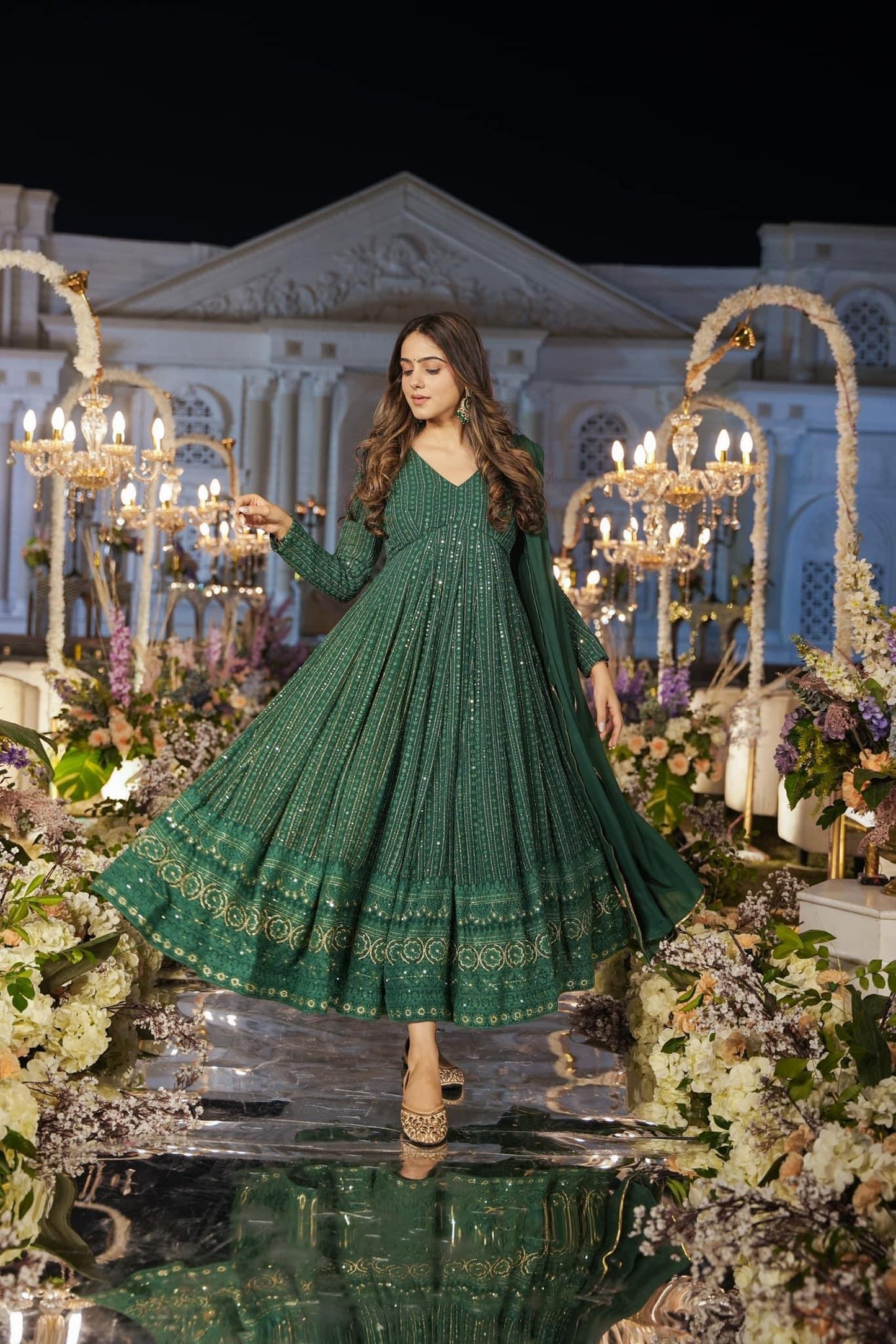 Embroidery Zari Sequins-work Faux Georgette Green Gown with Dupatta