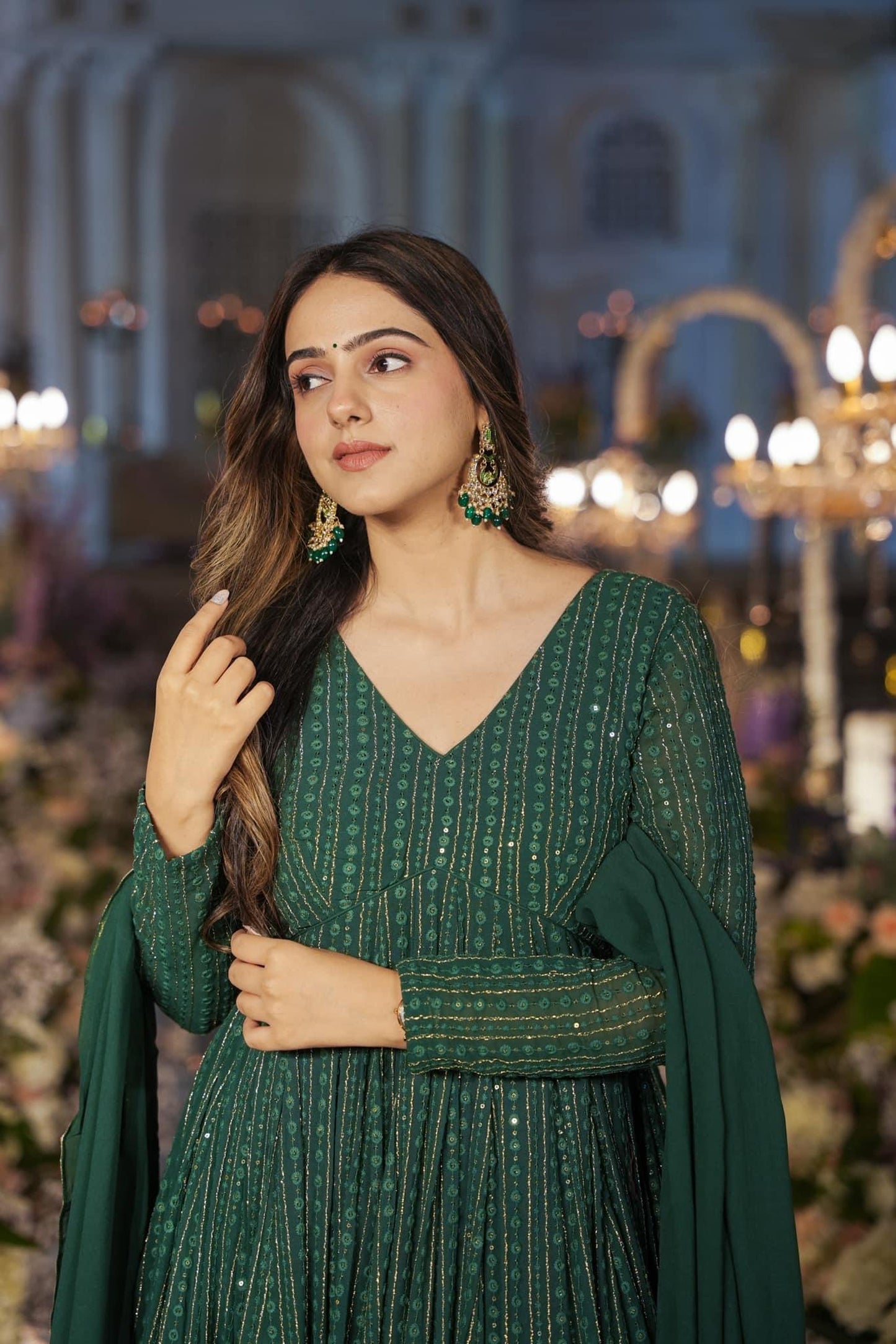 Embroidery Zari Sequins-work Faux Georgette Green Gown with Dupatta