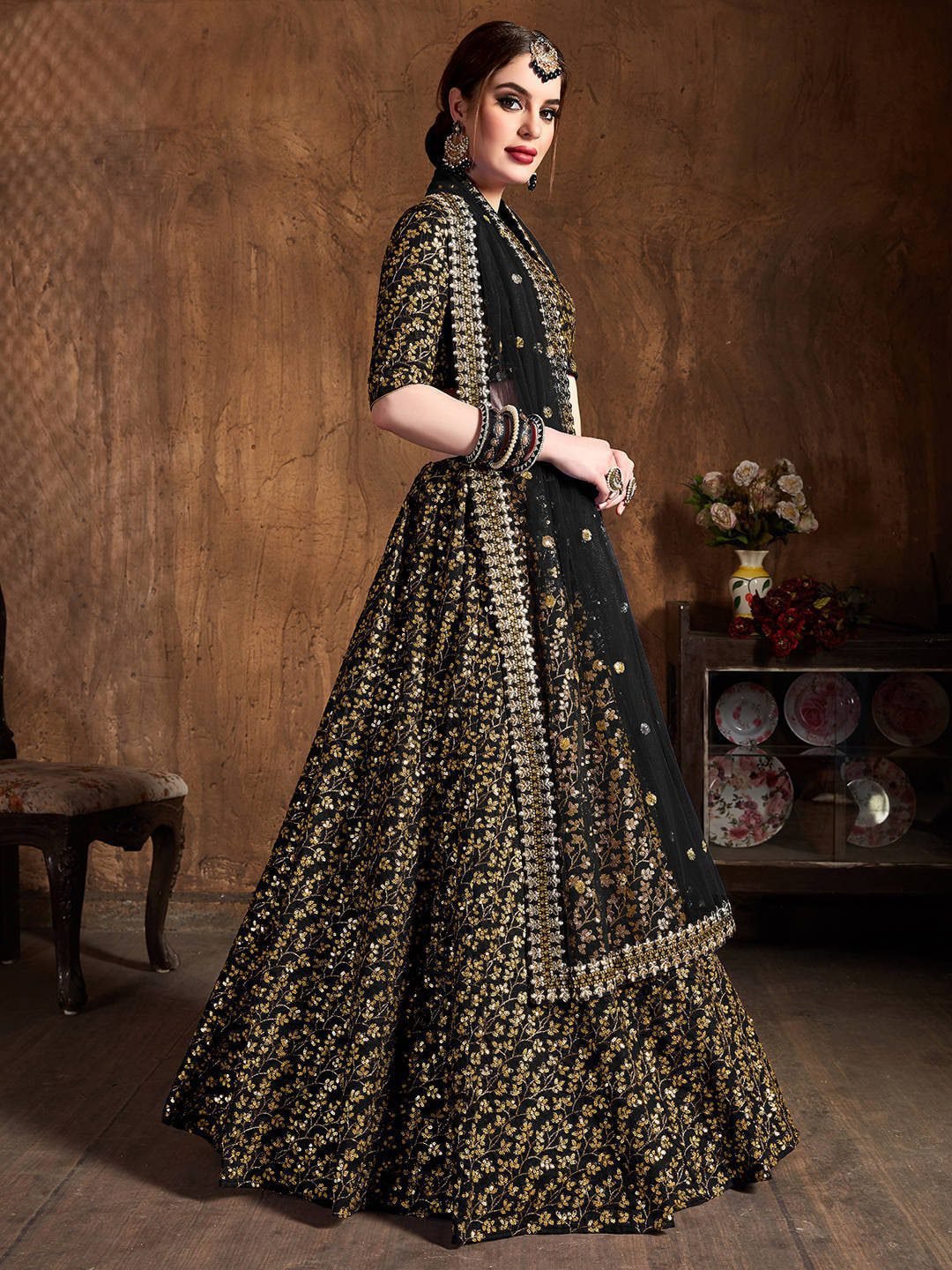 Black & Gold-Toned Embroidered Semi-Stitched Lehenga & Unstitched Blouse With Dupatta