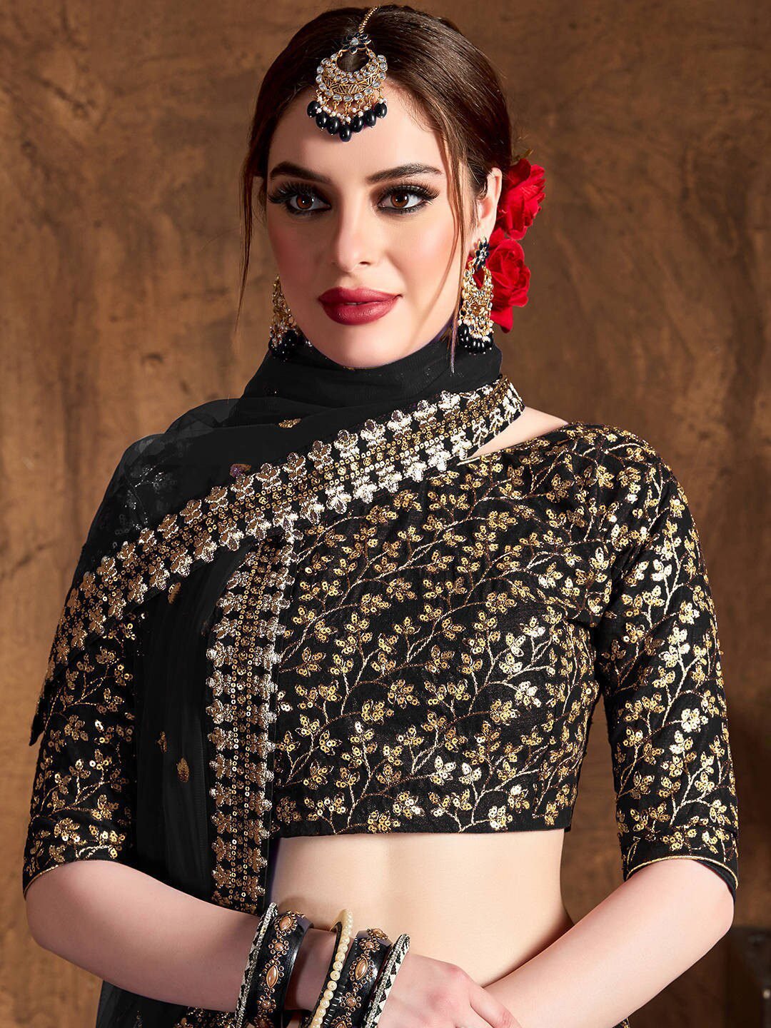 Black & Gold-Toned Embroidered Semi-Stitched Lehenga & Unstitched Blouse With Dupatta