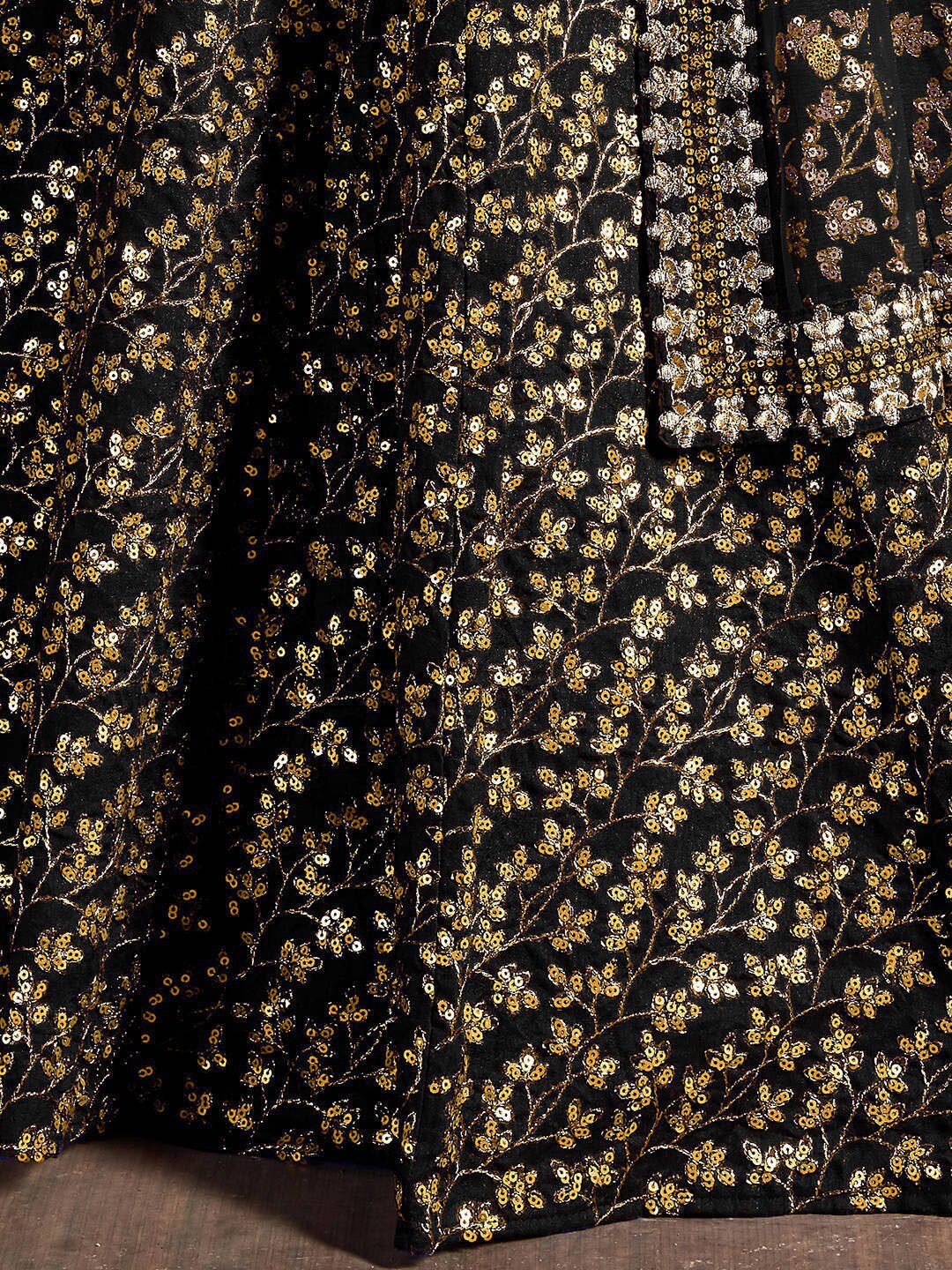 Black & Gold-Toned Embroidered Semi-Stitched Lehenga & Unstitched Blouse With Dupatta