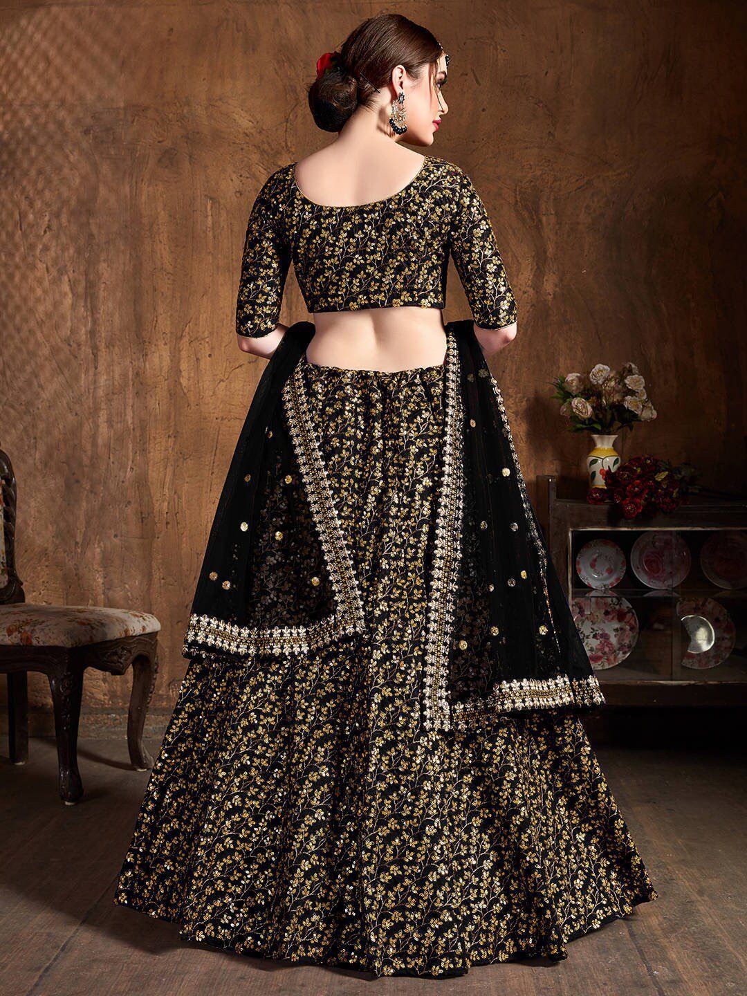 Black & Gold-Toned Embroidered Semi-Stitched Lehenga & Unstitched Blouse With Dupatta
