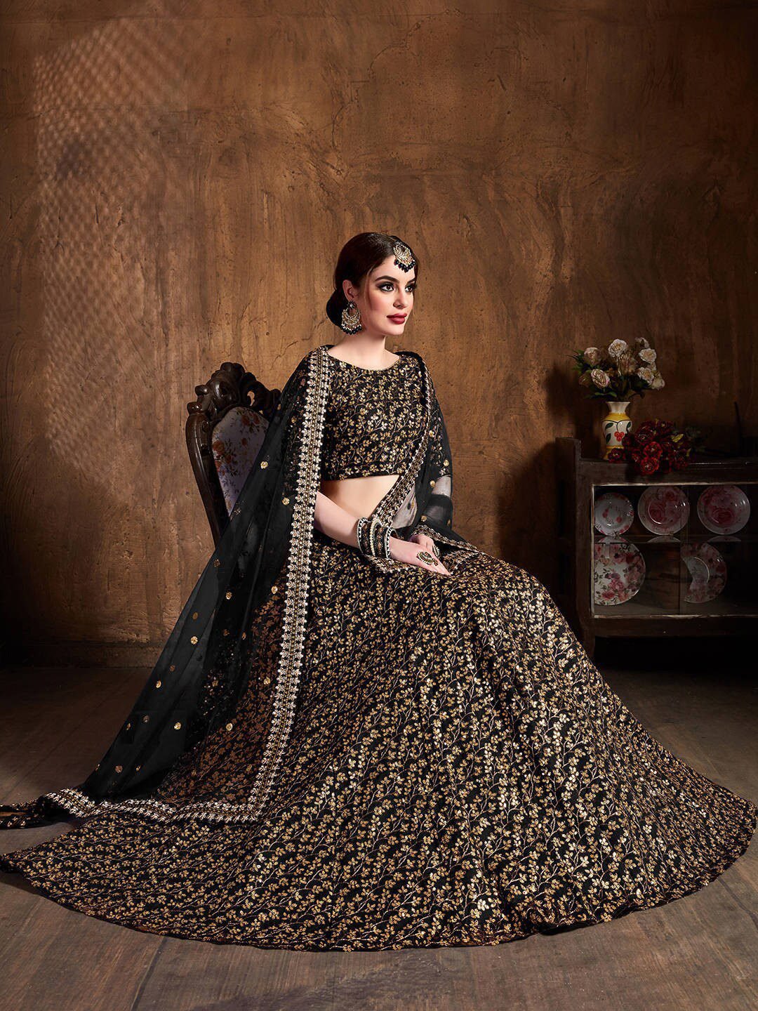 Black & Gold-Toned Embroidered Semi-Stitched Lehenga & Unstitched Blouse With Dupatta