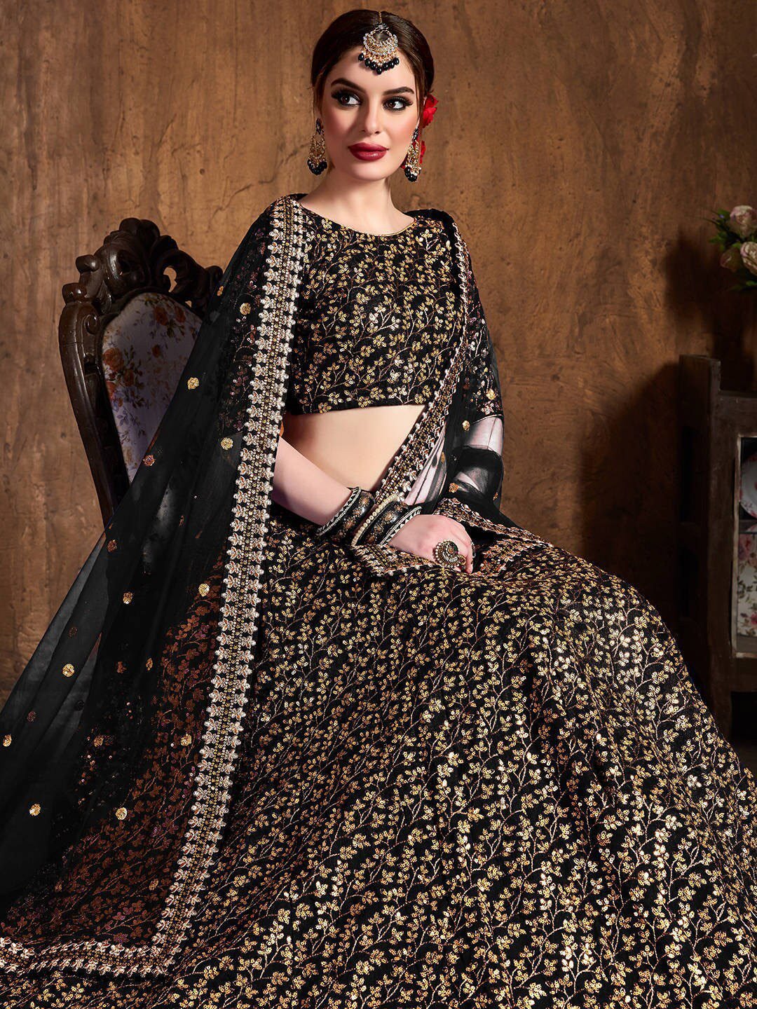 Black & Gold-Toned Embroidered Semi-Stitched Lehenga & Unstitched Blouse With Dupatta
