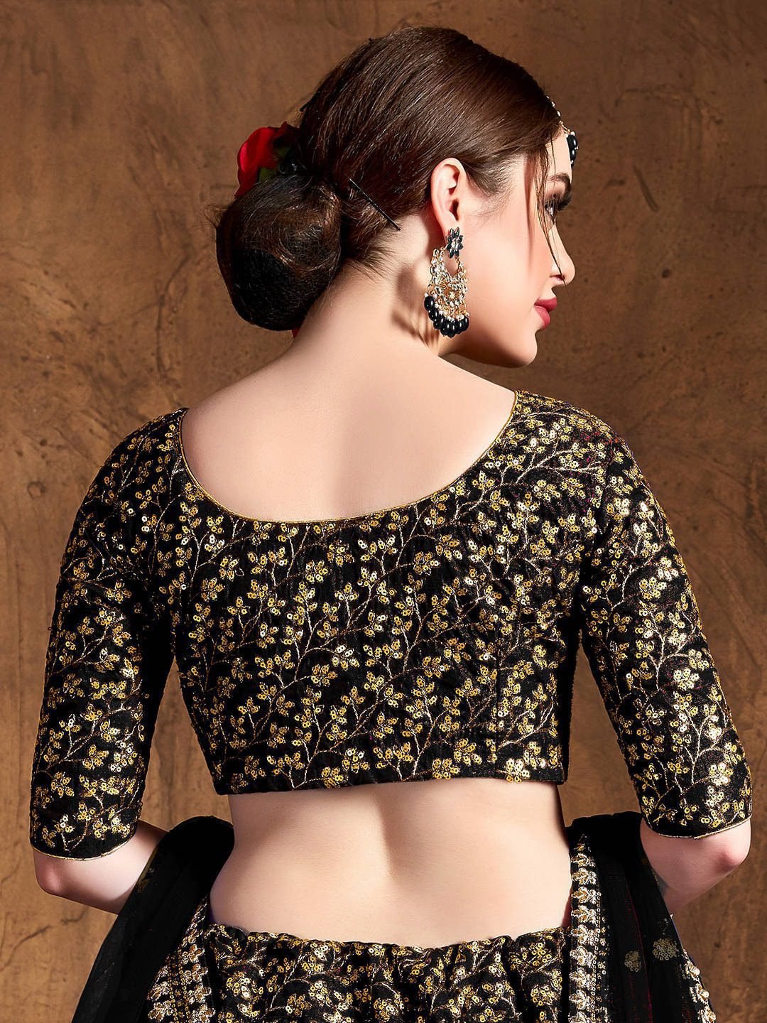 Black & Gold-Toned Embroidered Semi-Stitched Lehenga & Unstitched Blouse With Dupatta