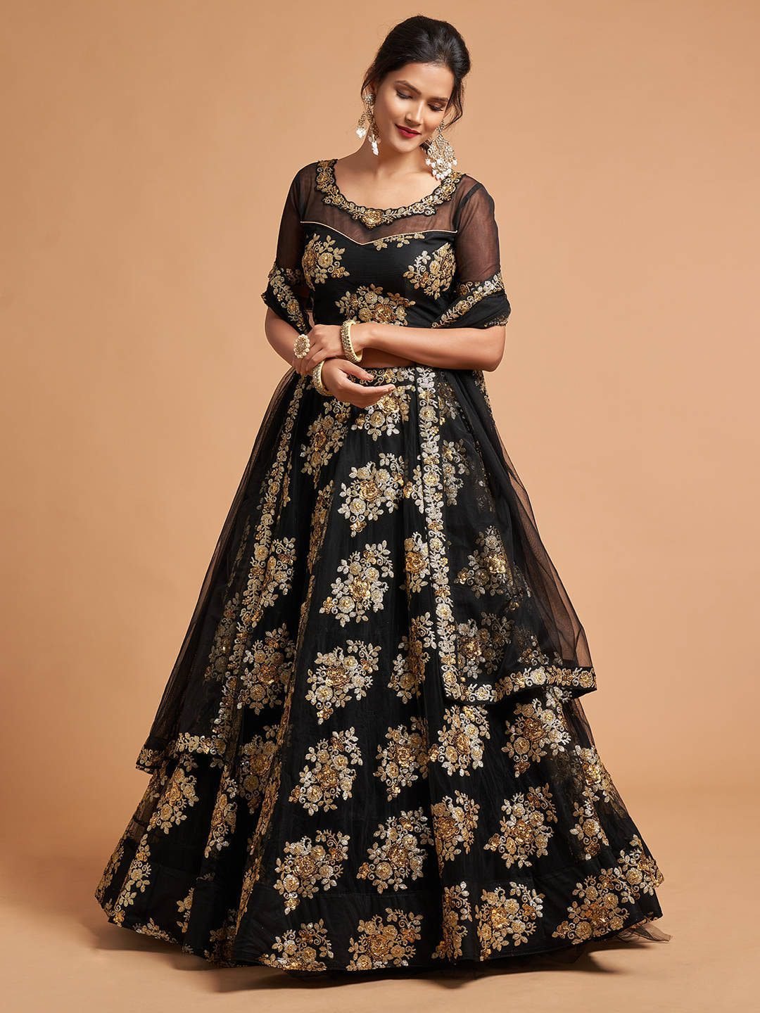 Black & Gold-Toned Embroidered Sequinned Kalamkari Semi-Stitched Lehenga & Unstitched Blouse With