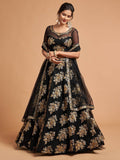 Black & Gold-Toned Embroidered Sequinned Kalamkari Semi-Stitched Lehenga & Unstitched Blouse With