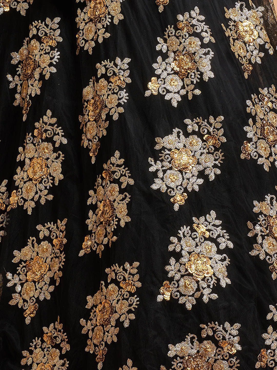 Black & Gold-Toned Embroidered Sequinned Kalamkari Semi-Stitched Lehenga & Unstitched Blouse With