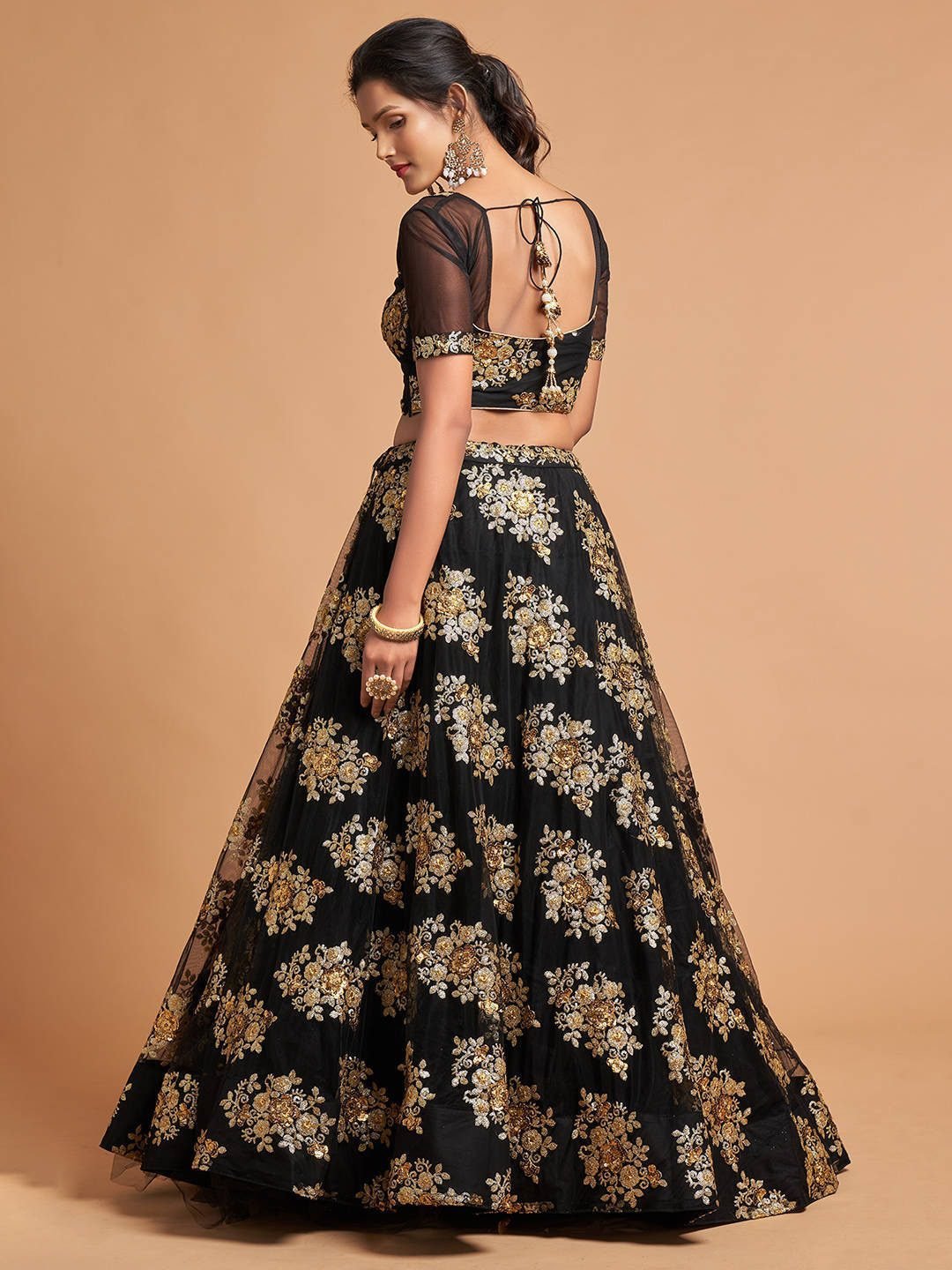 Black & Gold-Toned Embroidered Sequinned Kalamkari Semi-Stitched Lehenga & Unstitched Blouse With
