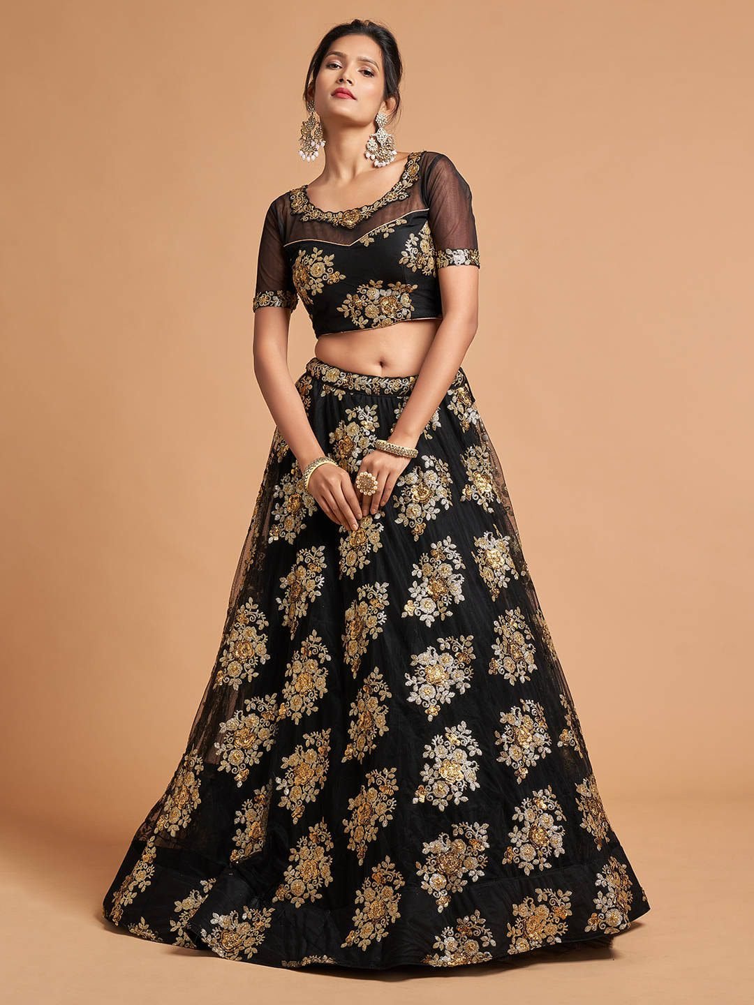 Black & Gold-Toned Embroidered Sequinned Kalamkari Semi-Stitched Lehenga & Unstitched Blouse With