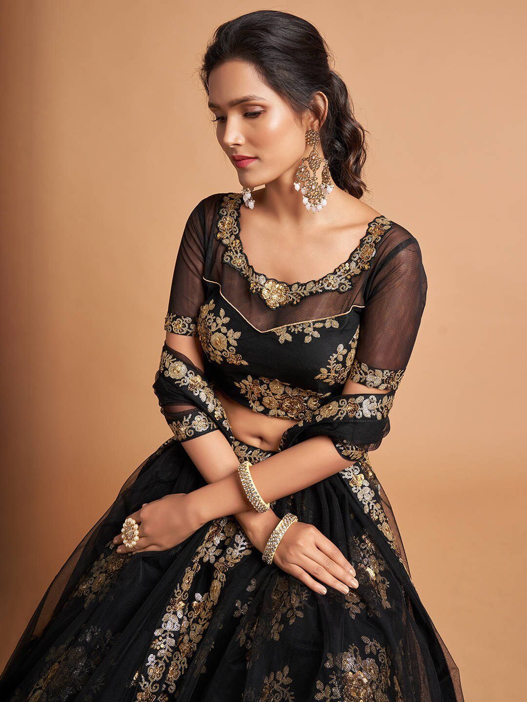 Black & Gold-Toned Embroidered Sequinned Kalamkari Semi-Stitched Lehenga & Unstitched Blouse With