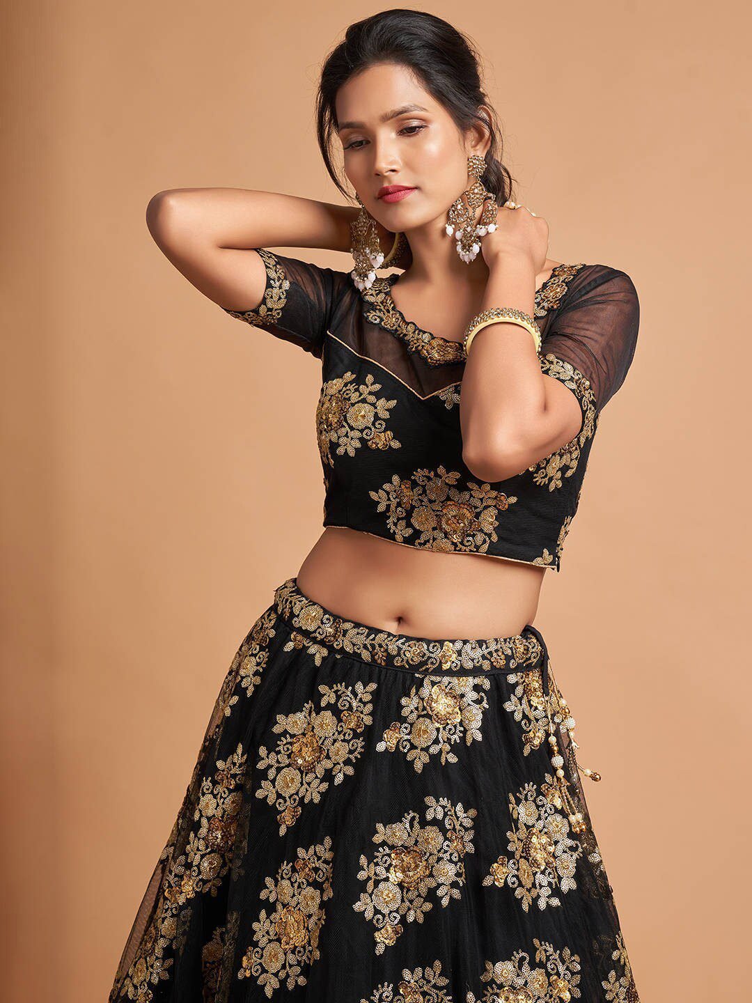Black & Gold-Toned Embroidered Sequinned Kalamkari Semi-Stitched Lehenga & Unstitched Blouse With