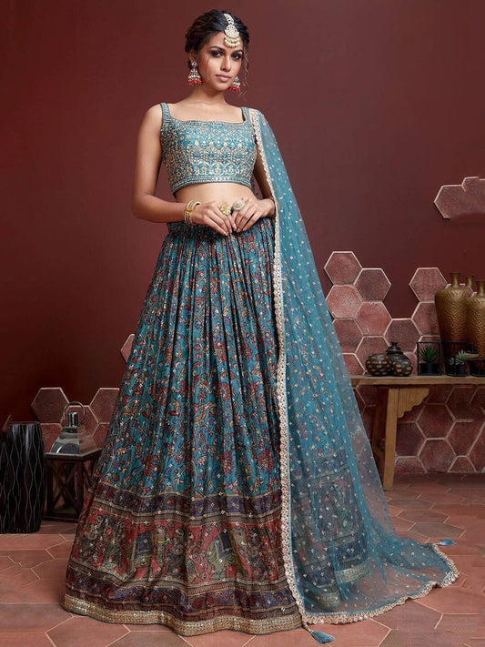 Blue & Brown Embellished Semi-Stitched Lehenga & Unstitched Blouse With Dupatta
