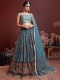 Blue & Brown Embellished Semi-Stitched Lehenga & Unstitched Blouse With Dupatta
