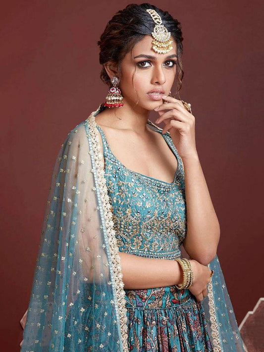 Blue & Brown Embellished Semi-Stitched Lehenga & Unstitched Blouse With Dupatta