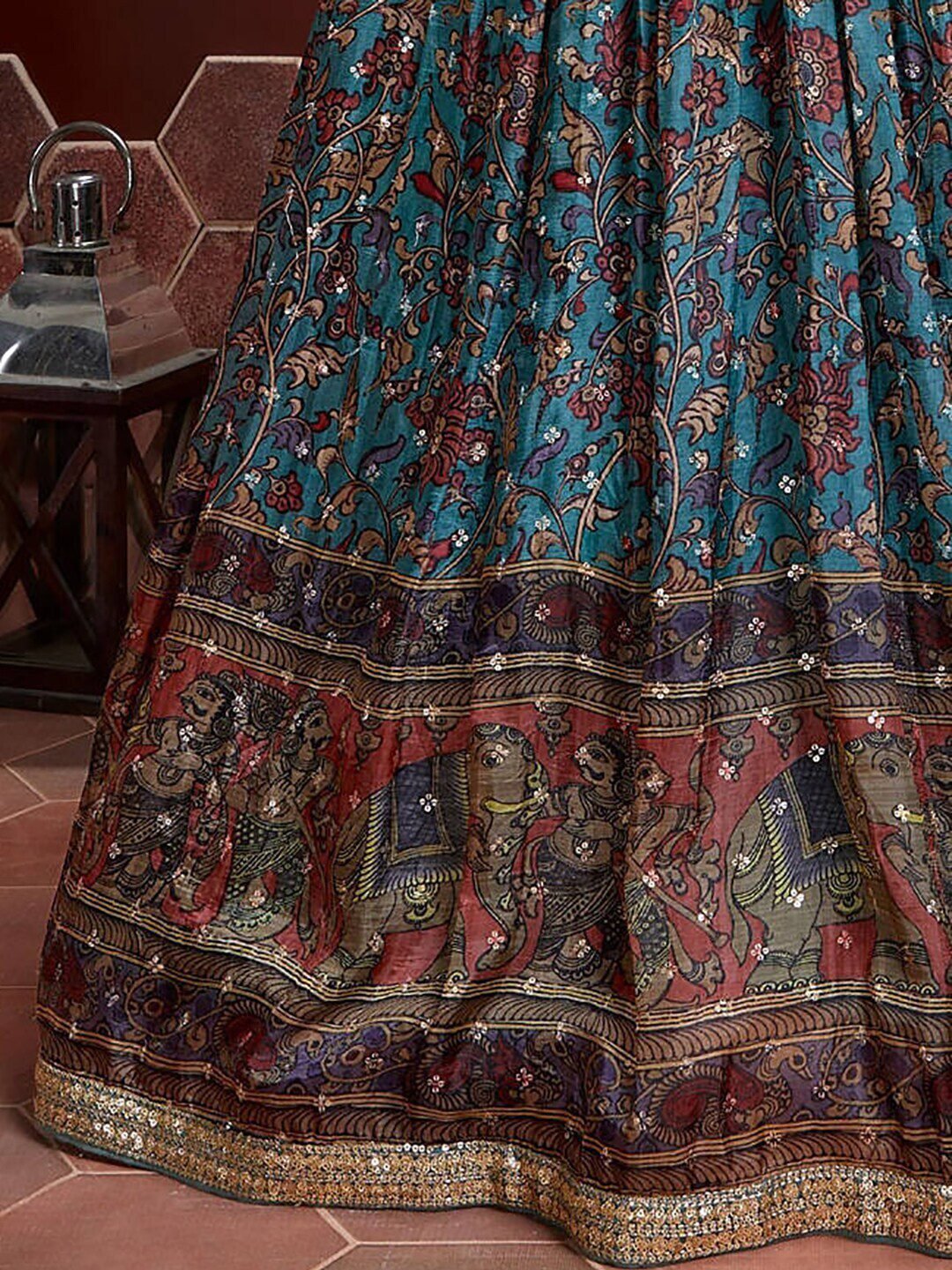 Blue & Brown Embellished Semi-Stitched Lehenga & Unstitched Blouse With Dupatta