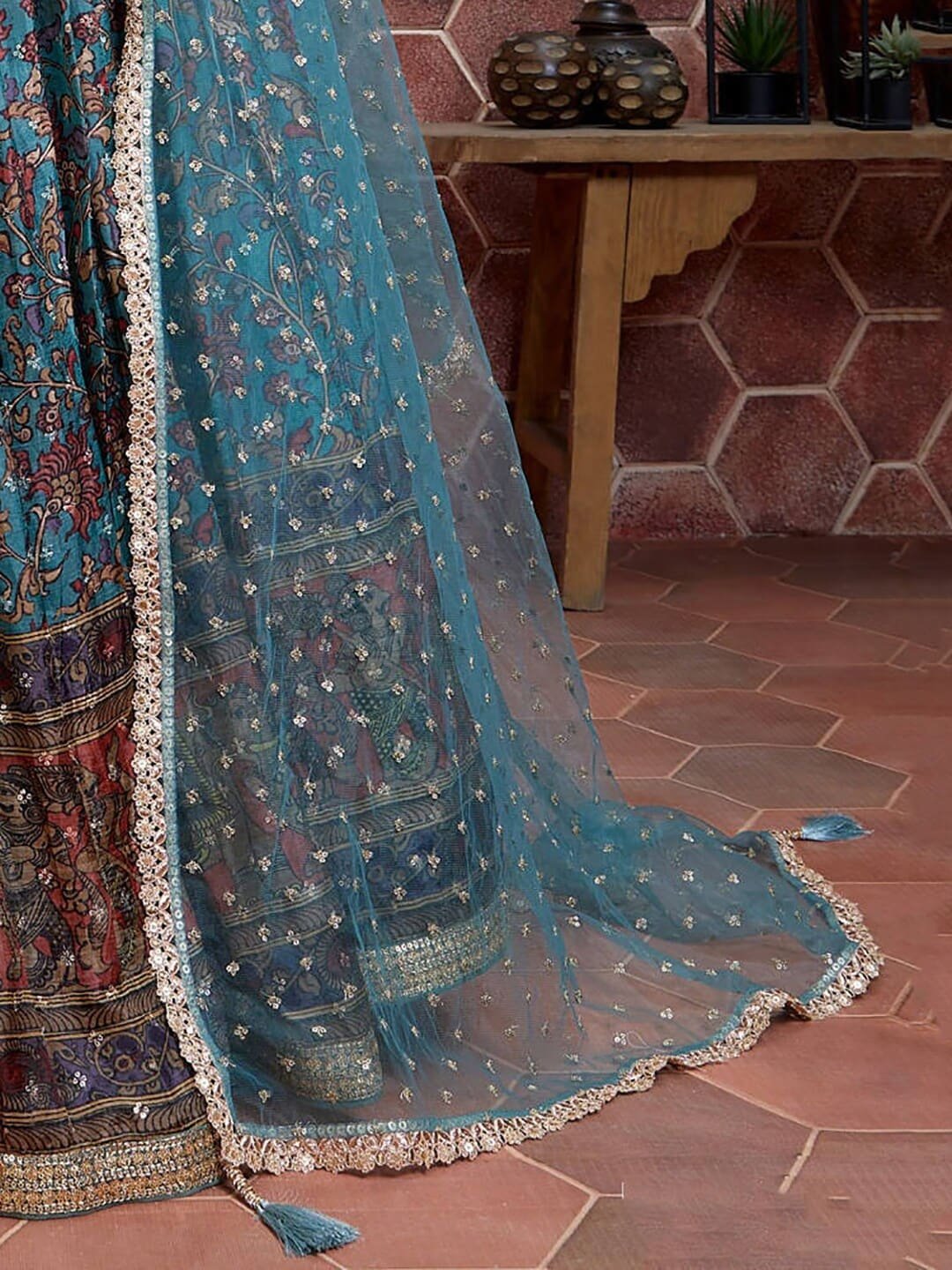 Blue & Brown Embellished Semi-Stitched Lehenga & Unstitched Blouse With Dupatta